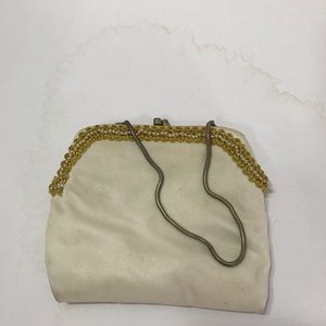 Vintage White Purse with chain strap gold brocade trim with pearls BA
